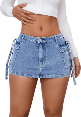WDIRARA Women's Low Rise Button Stretch Y2k Bodycon Mini Denim Skirt with Pockets