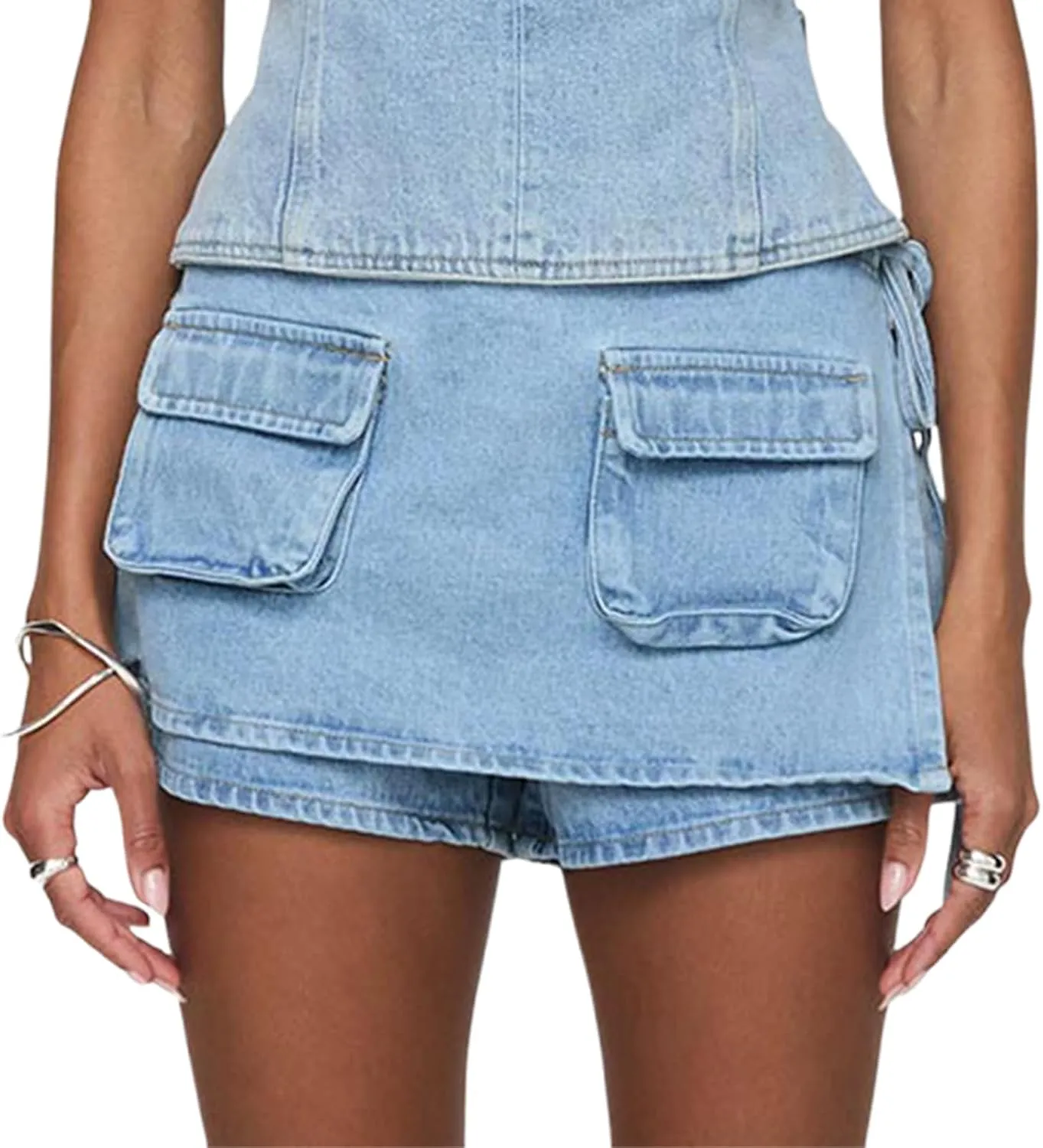 Women Jean Skorts Sexy Low Rise Denim Mini Skirt Cargo Skirt with Pockets