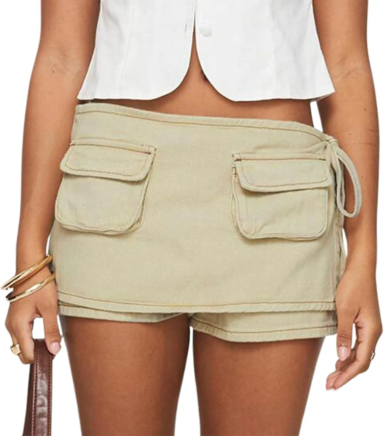 Women Jean Skorts Sexy Low Rise Denim Mini Skirt Cargo Skirt with Pockets