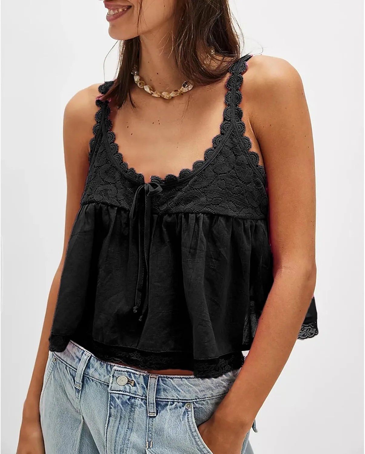 Women Lace Trim Babydoll Tank Top Tie Front Sexy Semi Sheer Y2k Summer Teen Girls Going Out Tops