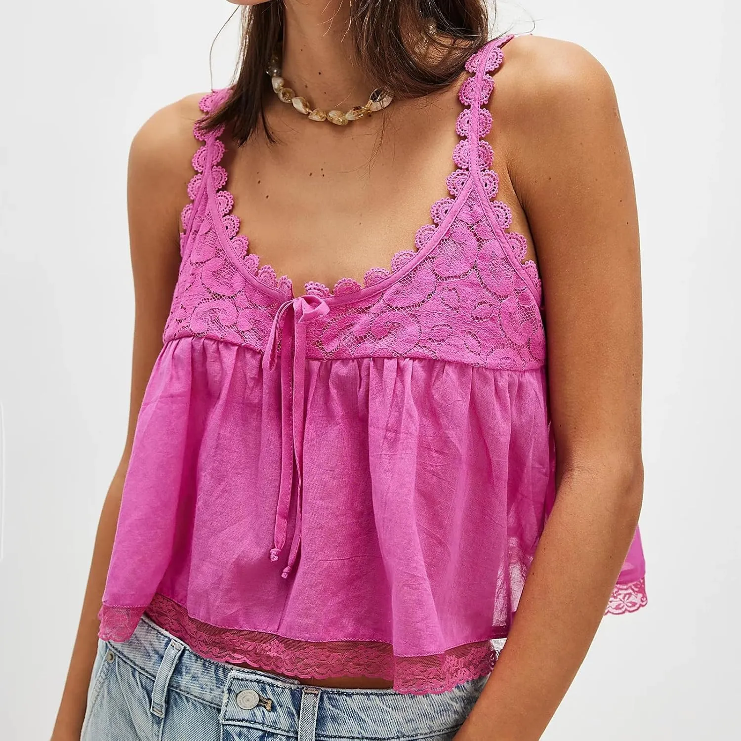 Women Lace Trim Babydoll Tank Top Tie Front Sexy Semi Sheer Y2k Summer Teen Girls Going Out Tops