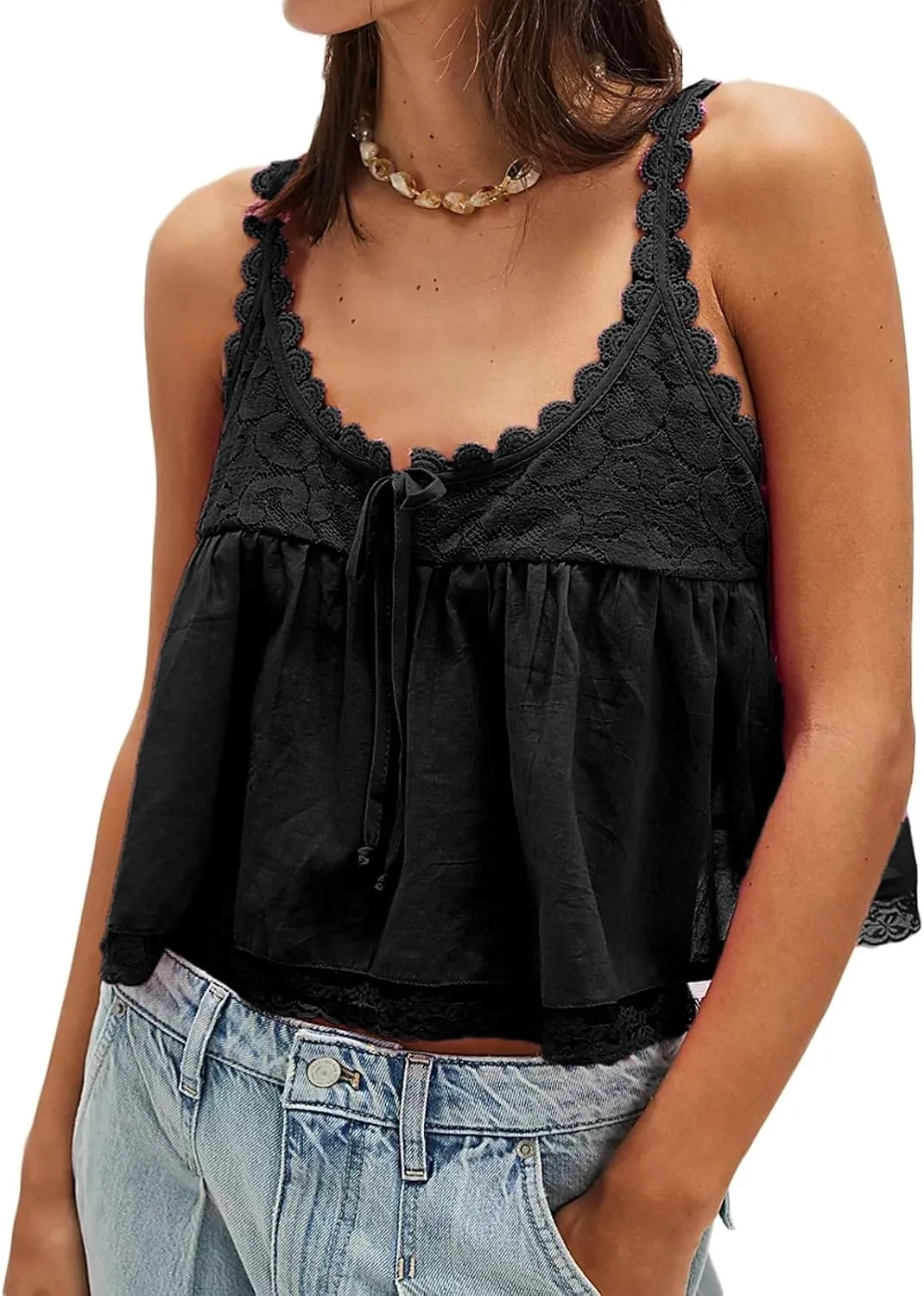 Women Lace Trim Babydoll Tank Top Tie Front Sexy Semi Sheer Y2k Summer Teen Girls Going Out Tops