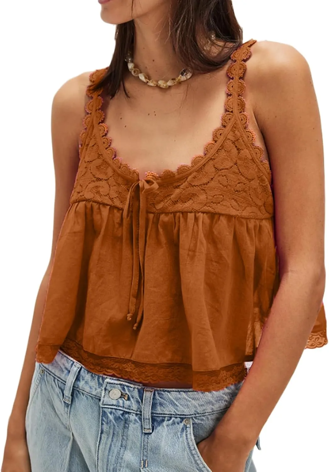 Women Lace Trim Crop Tank Top Tie Front Y2k Sexy Babydoll Cami Shirt Semi Sheer Going Out Tops