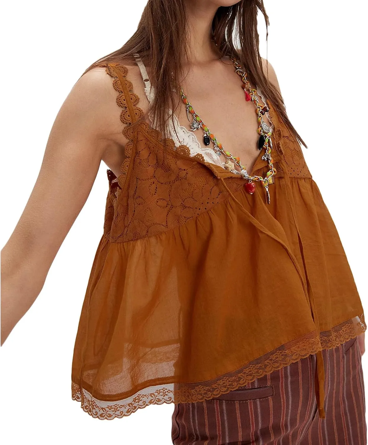 Women Lace Trim Crop Tank Top Tie Front Y2k Sexy Babydoll Cami Shirt Semi Sheer Going Out Tops