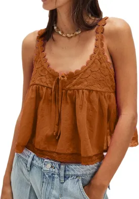 Women Lace Trim Crop Tank Top Tie Front Y2k Sexy Babydoll Cami Shirt Semi Sheer Going Out Tops