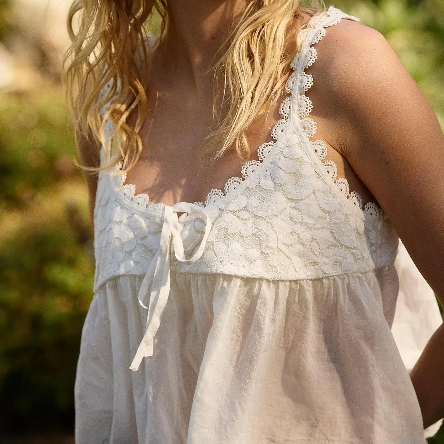 Women Lace Trim Crop Tank Top Tie Front Y2k Sexy Babydoll Cami Shirt Semi Sheer Going Out Tops