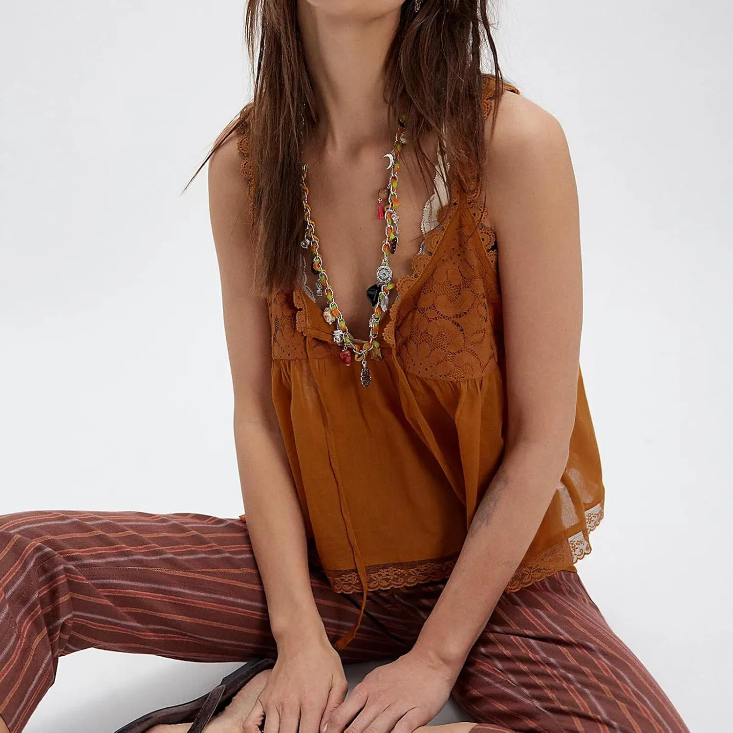 Women Lace Trim Crop Tank Top Tie Front Y2k Sexy Babydoll Cami Shirt Semi Sheer Going Out Tops