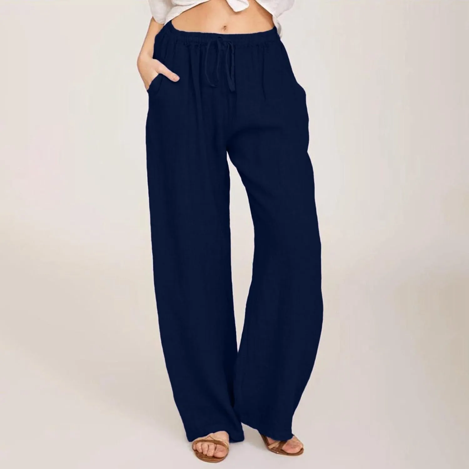 Women Linen Pants Casual High Waist Lightweight Lounge Pants Drawstring Loose Fit Summer Trousers with Pockets