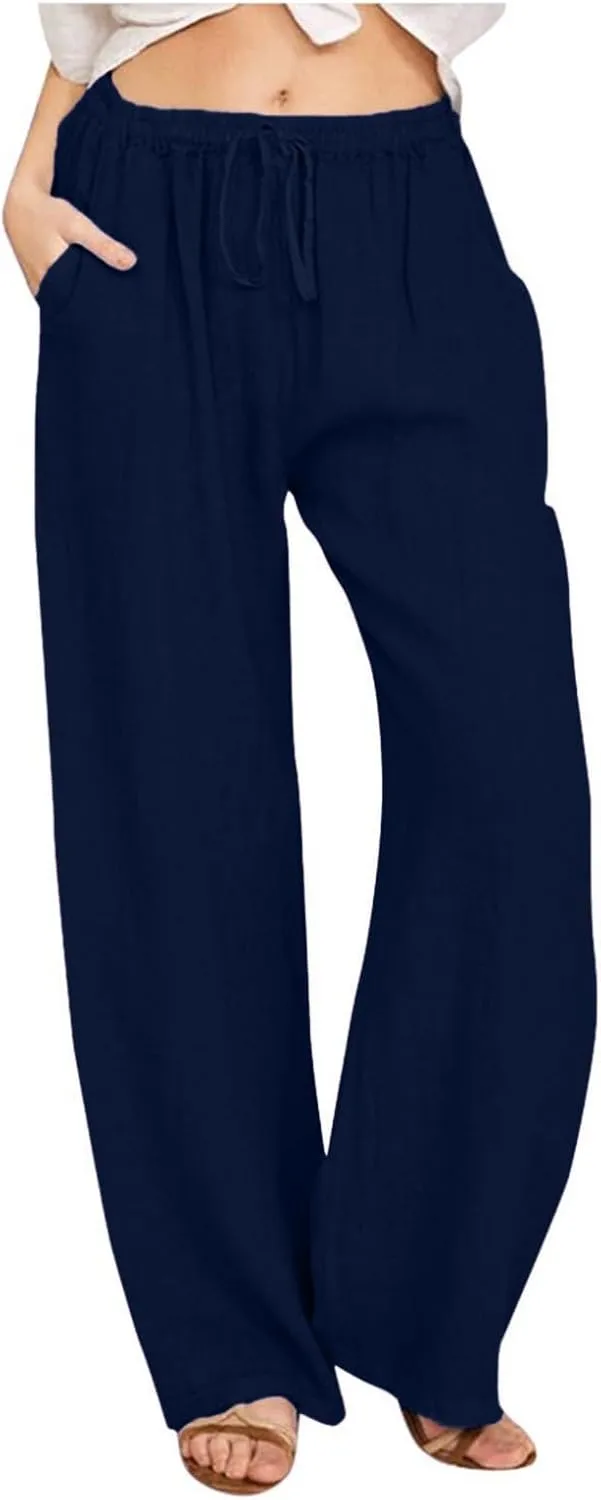 Women Linen Pants Casual High Waist Lightweight Lounge Pants Drawstring Loose Fit Summer Trousers with Pockets