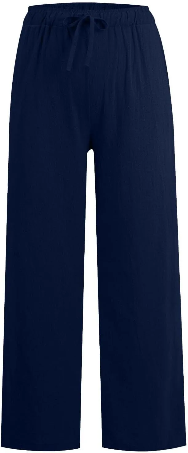 Women Linen Pants Casual High Waist Lightweight Lounge Pants Drawstring Loose Fit Summer Trousers with Pockets