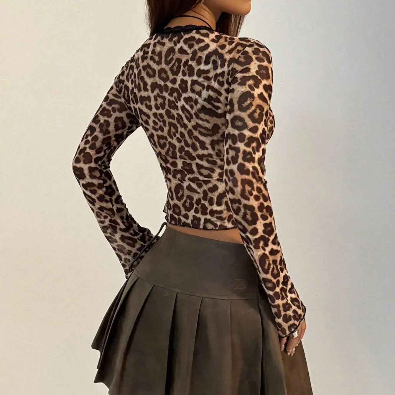 Women Sexy Bow Tie Front Leopard Print Mesh Crop Top Slim Fit Long Sleeve Ruffle Mesh Lace Cheetah Crop T Shirt