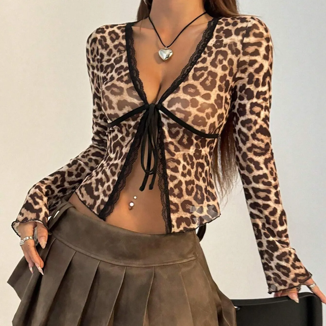 Women Sexy Bow Tie Front Leopard Print Mesh Crop Top Slim Fit Long Sleeve Ruffle Mesh Lace Cheetah Crop T Shirt