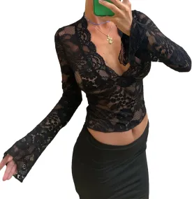 Women Sexy V Neck Lace Top Y2K Long Flared Sleeve Sheer Mesh Crop Shirt Low Cut Floral Slim See Through Going Out Top