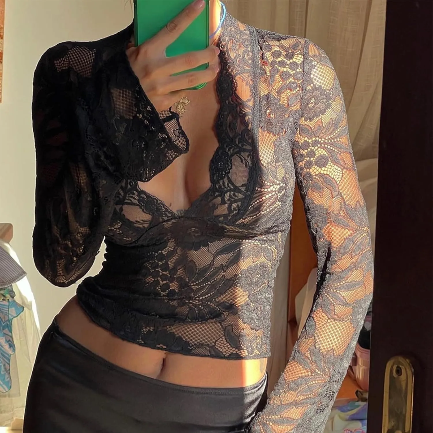 Women Sexy V Neck Lace Top Y2K Long Flared Sleeve Sheer Mesh Crop Shirt Low Cut Floral Slim See Through Going Out Top