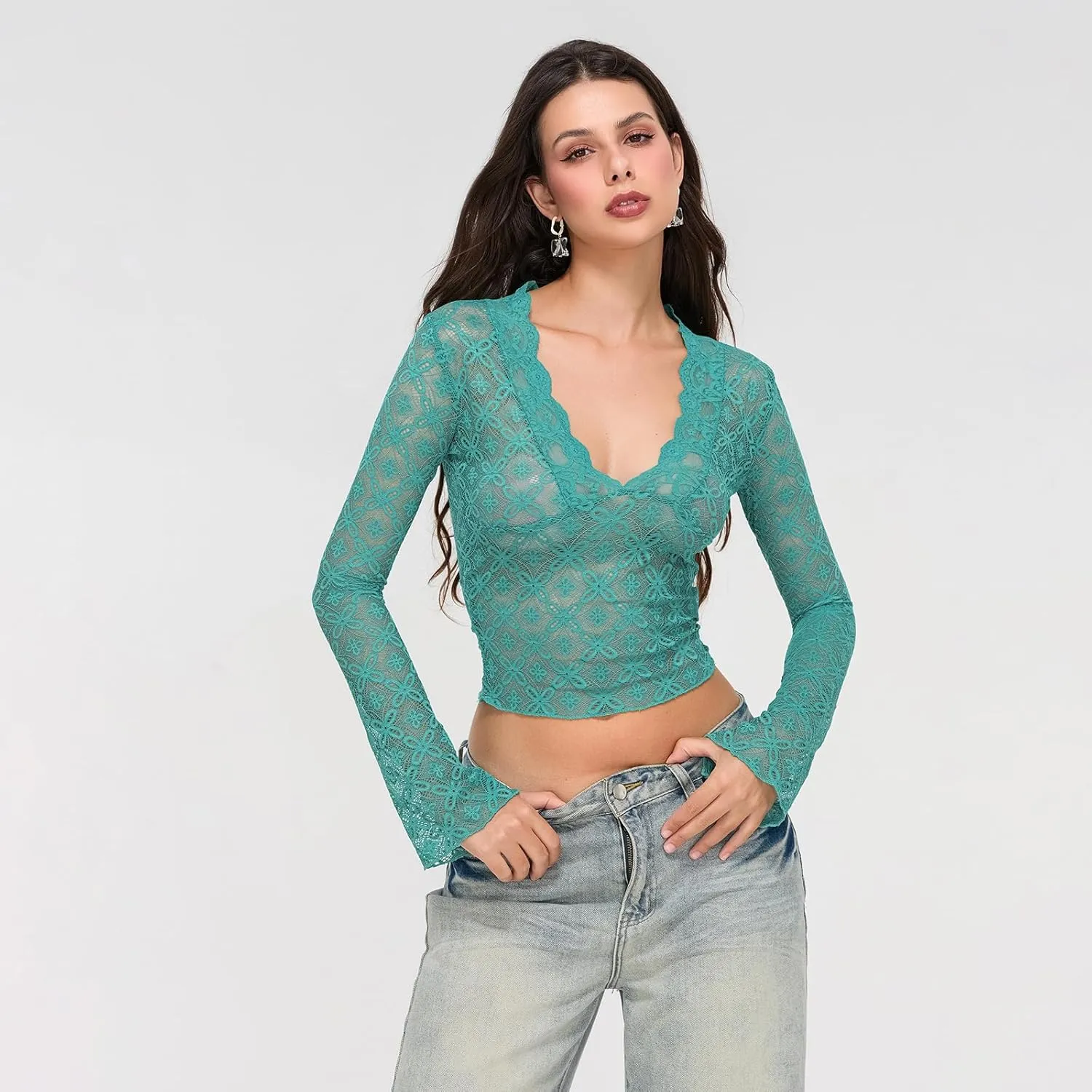 Women Sexy V Neck Lace Top Y2K Long Flared Sleeve Sheer Mesh Crop Shirt Low Cut Floral Slim See Through Going Out Top
