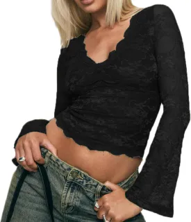 Women Sexy V Neck Lace Top Y2K Long Flared Sleeve Sheer Mesh Crop Shirt Low Cut Floral Slim See Through Going Out Top