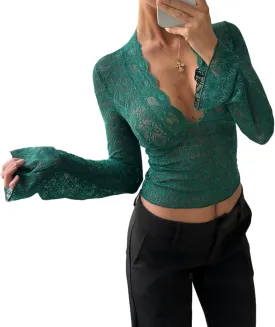 Women Sexy V Neck Lace Top Y2K Long Flared Sleeve Sheer Mesh Crop Shirt Low Cut Floral Slim See Through Going Out Top
