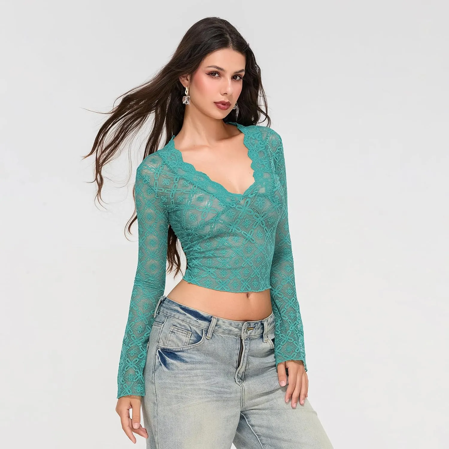 Women Sexy V Neck Lace Top Y2K Long Flared Sleeve Sheer Mesh Crop Shirt Low Cut Floral Slim See Through Going Out Top