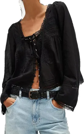 Women Tie Front Long Sleeve Top Lace Trim Button Shirt Square Neck Loose Blouse Going Out Y2k Coquette Clothes