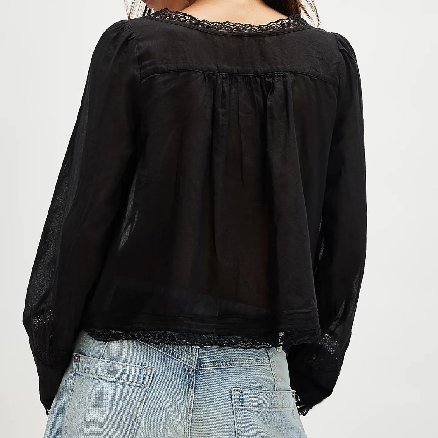 Women Tie Front Long Sleeve Top Lace Trim Button Shirt Square Neck Loose Blouse Going Out Y2k Coquette Clothes