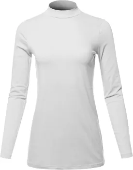 Women's Basic Solid Soft Cotton Long Sleeve Mock Neck Top Shirts