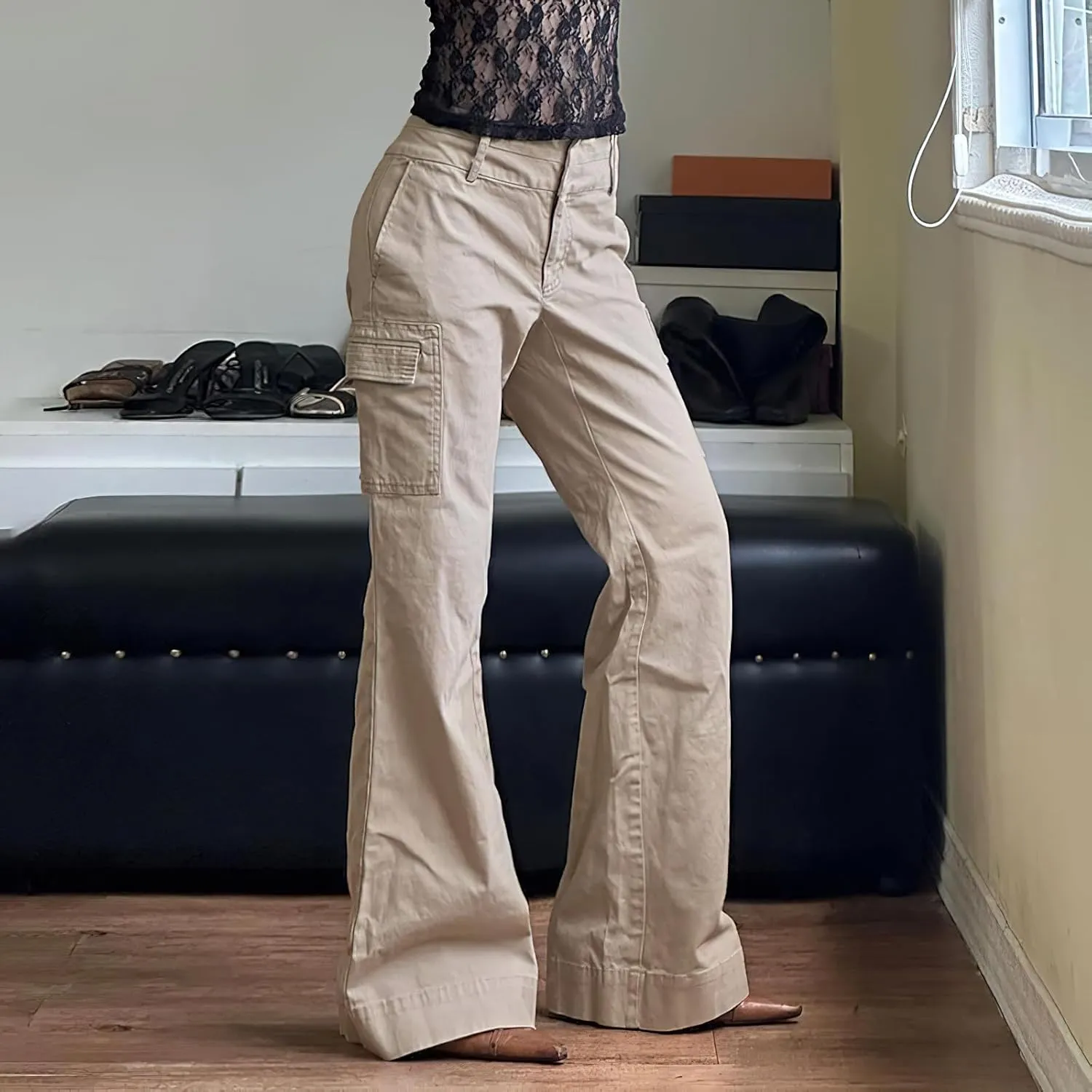 Women's Flare Jeans Low Rise Cargo Jeans Vintage Flared Baggy Denim Pants Street Bell Bottom Trousers with Pockets