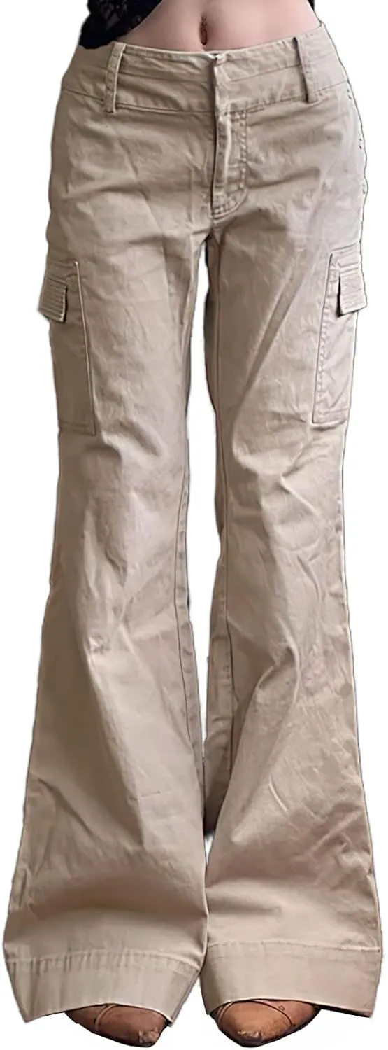 Women's Flare Jeans Low Rise Cargo Jeans Vintage Flared Baggy Denim Pants Street Bell Bottom Trousers with Pockets