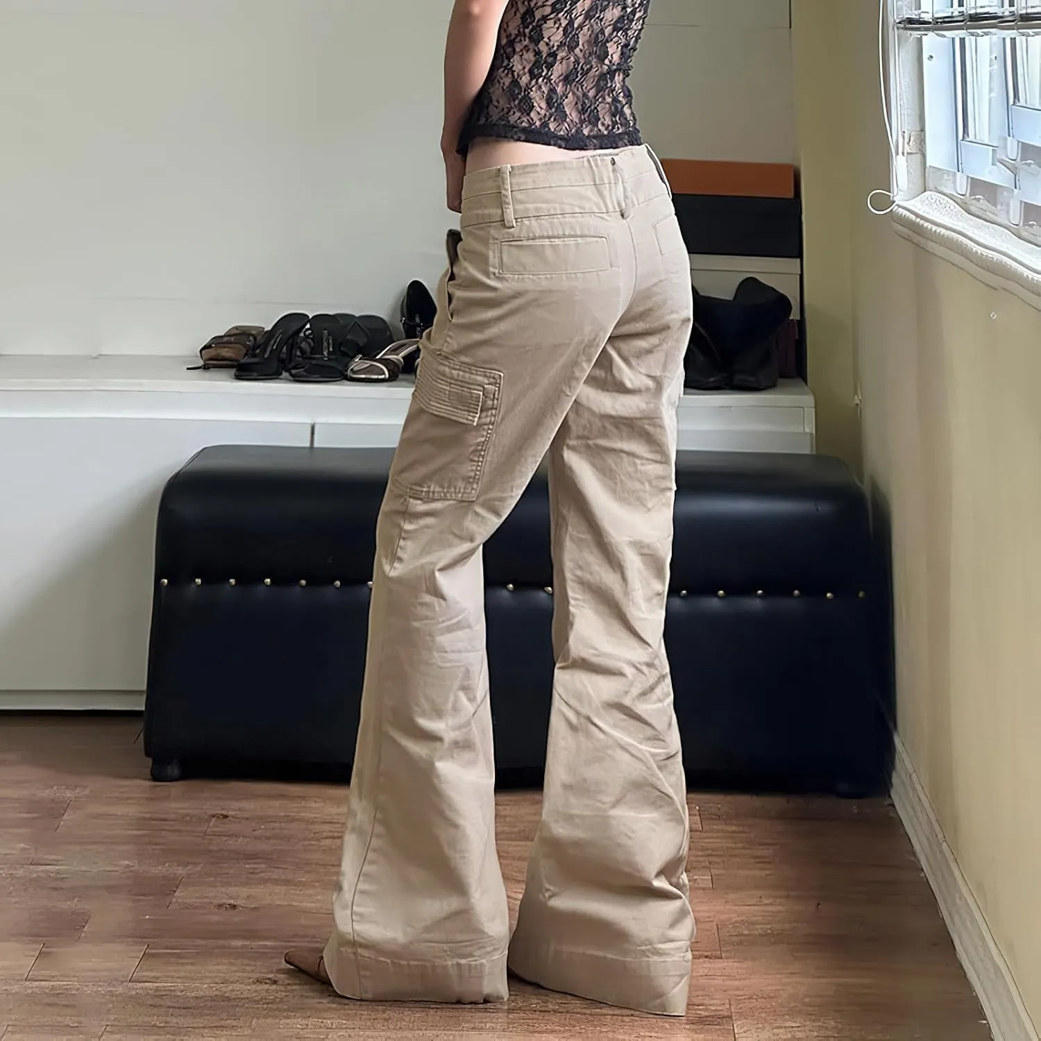 Women's Flare Jeans Low Rise Cargo Jeans Vintage Flared Baggy Denim Pants Street Bell Bottom Trousers with Pockets