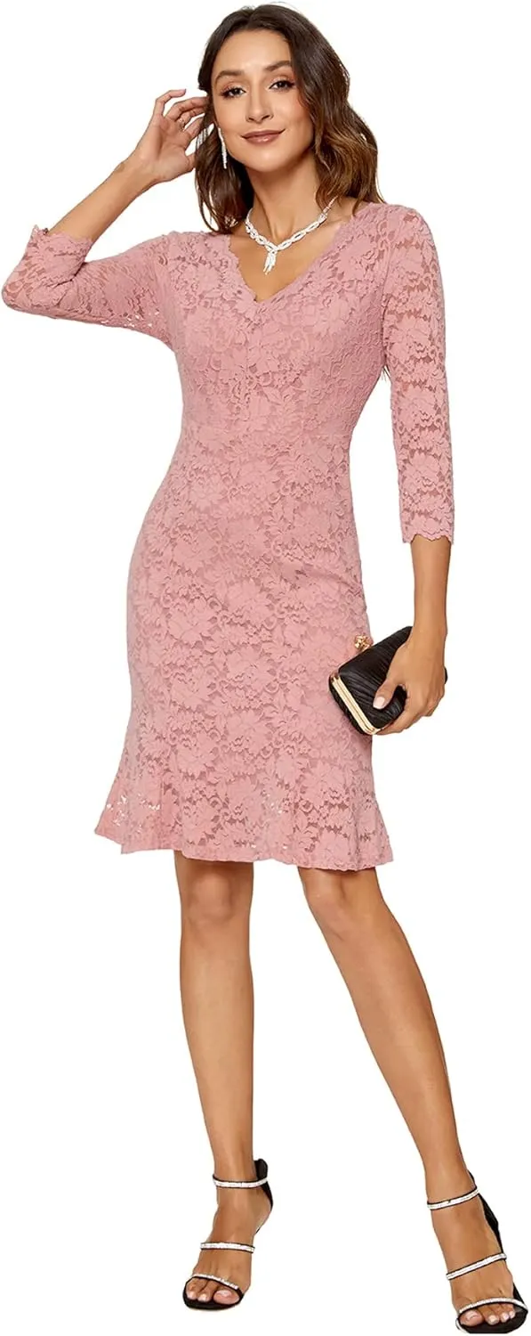 Womens Lace Floral Overlay Sexy V Neck Evening Cocktail Party Mermaid Bodycon Dresses