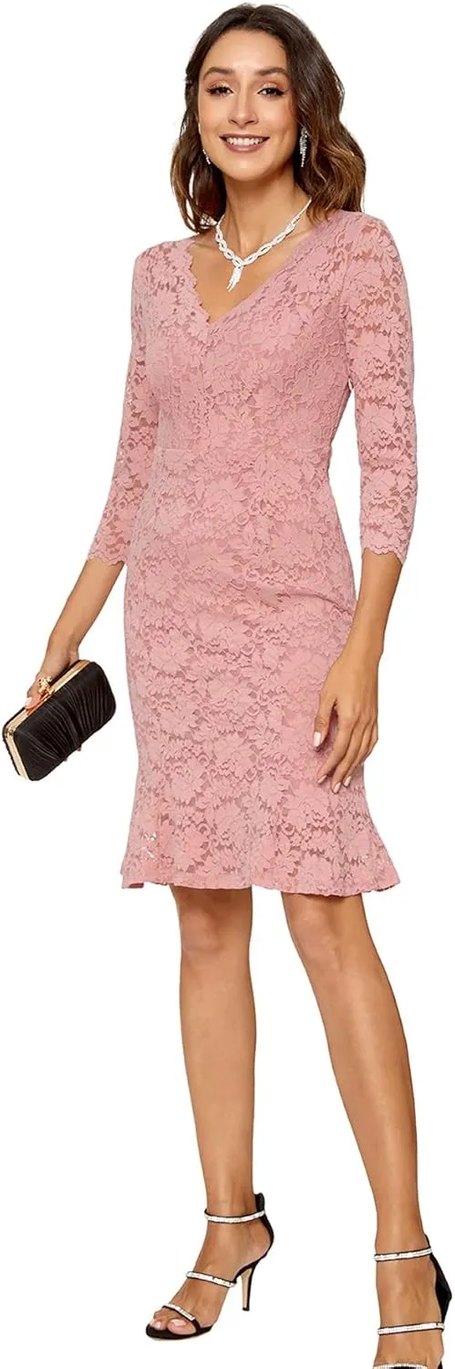 Womens Lace Floral Overlay Sexy V Neck Evening Cocktail Party Mermaid Bodycon Dresses