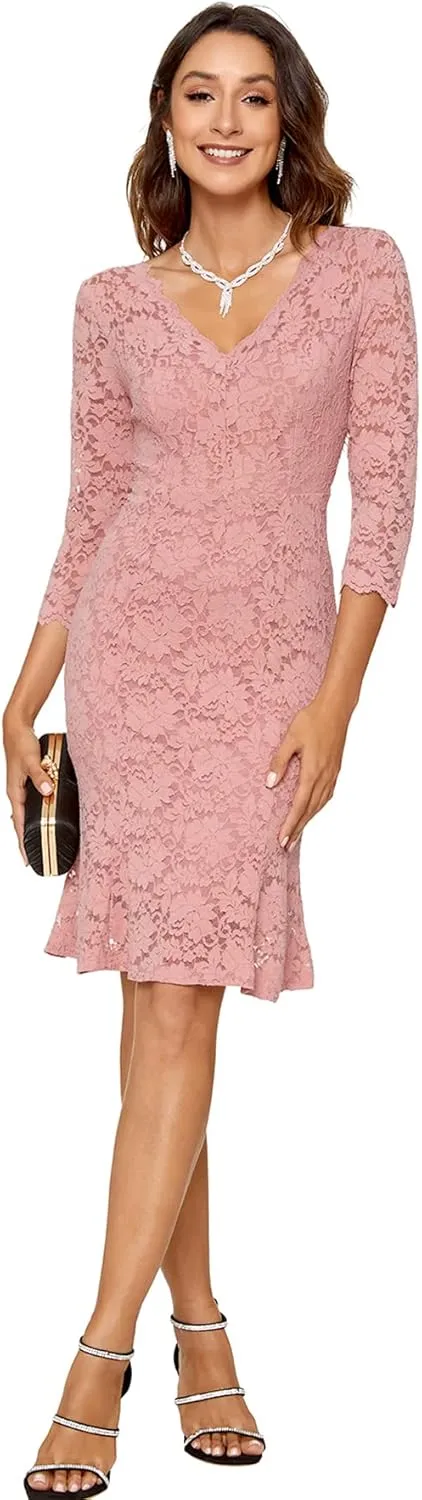 Womens Lace Floral Overlay Sexy V Neck Evening Cocktail Party Mermaid Bodycon Dresses