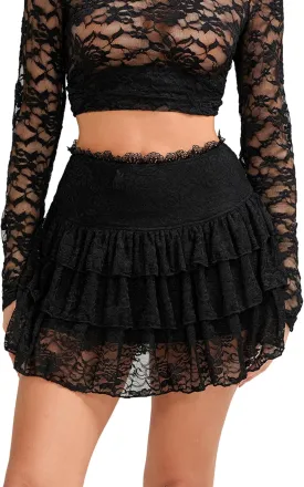 Women's Lace Mini Skirt Sexy Elastic Low Rise Tiered Ruffle Micro Skirts Vintage Lace Floral Frill Short Skirt Women's Lace Mini Skirt Sexy Elastic Low Rise Tiered Ruffle Micro Skirts Vintage Lace Floral Frill Short Skirt