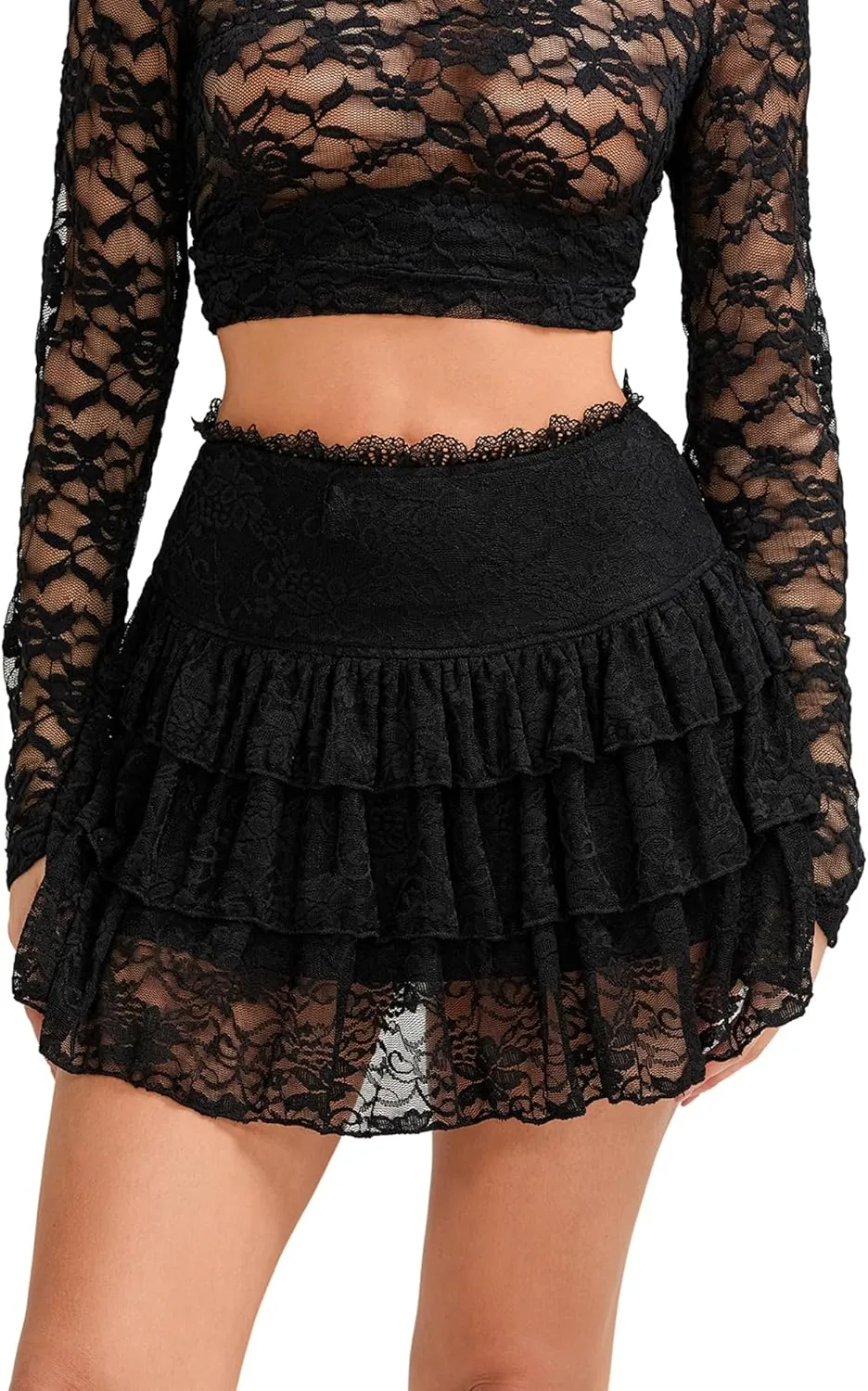 Women's Lace Mini Skirt Sexy Elastic Low Rise Tiered Ruffle Micro Skirts Vintage Lace Floral Frill Short Skirt