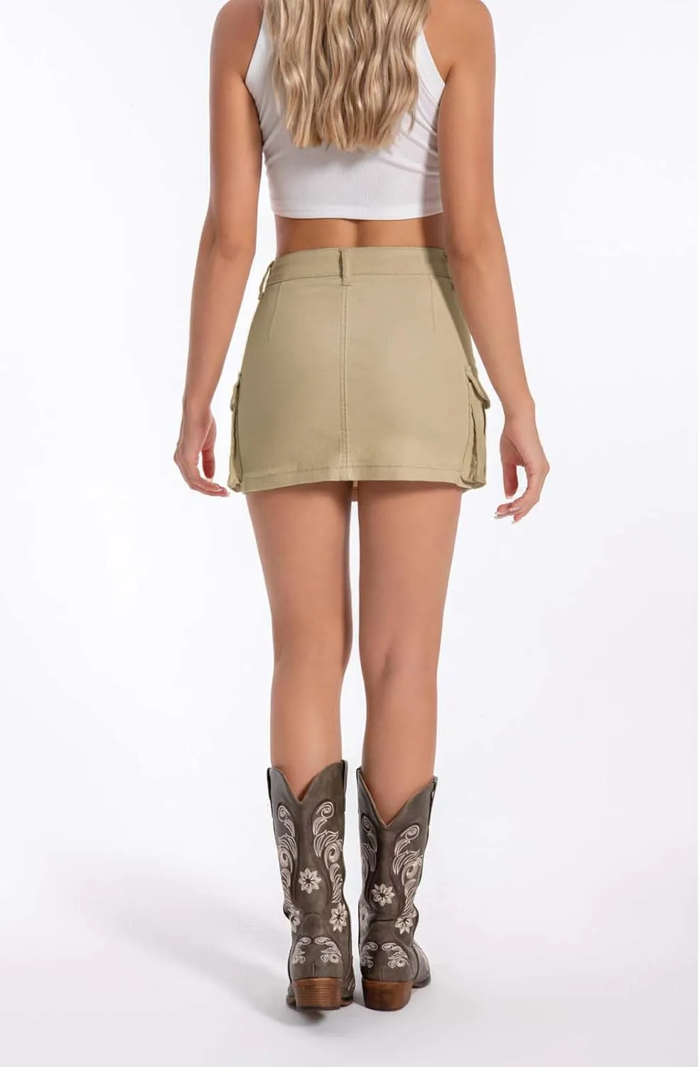 Women's Mini Cargo Denim Skirt, Low Rise Cargo Skirt Button Bodycon Jean Skirt with Pockets