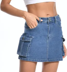 Women's Mini Cargo Denim Skirt, Low Rise Cargo Skirt Button Bodycon Jean Skirt with Pockets