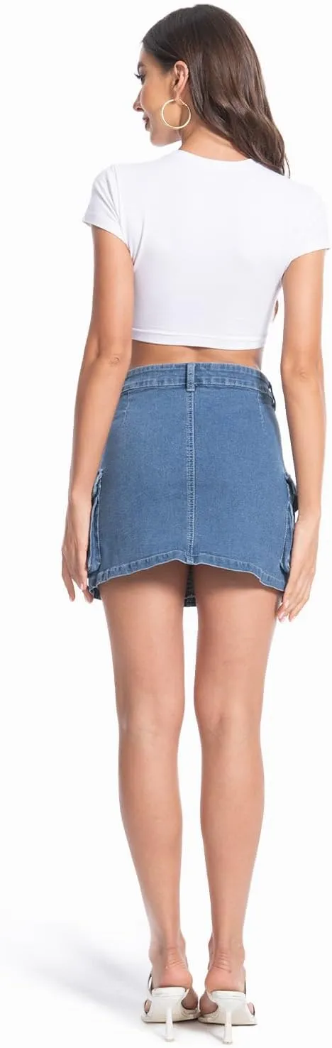 Women's Mini Cargo Denim Skirt, Low Rise Cargo Skirt Button Bodycon Jean Skirt with Pockets