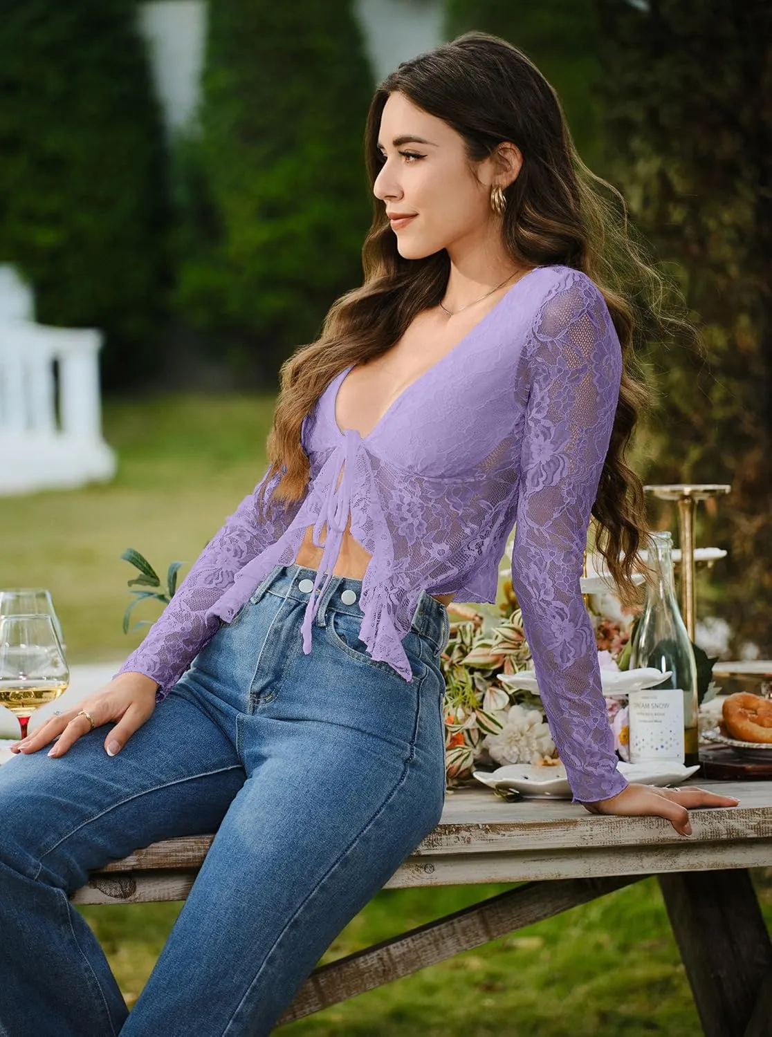 Women's Sexy Open Front Tie Long Sleeve Ruffle Trim Sheer Mesh Lace Crop Tops Blouses