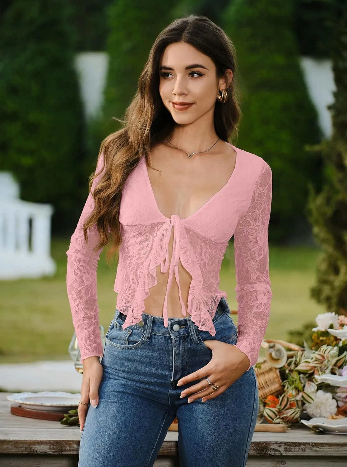Women's Sexy Open Front Tie Long Sleeve Ruffle Trim Sheer Mesh Lace Crop Tops Blouses