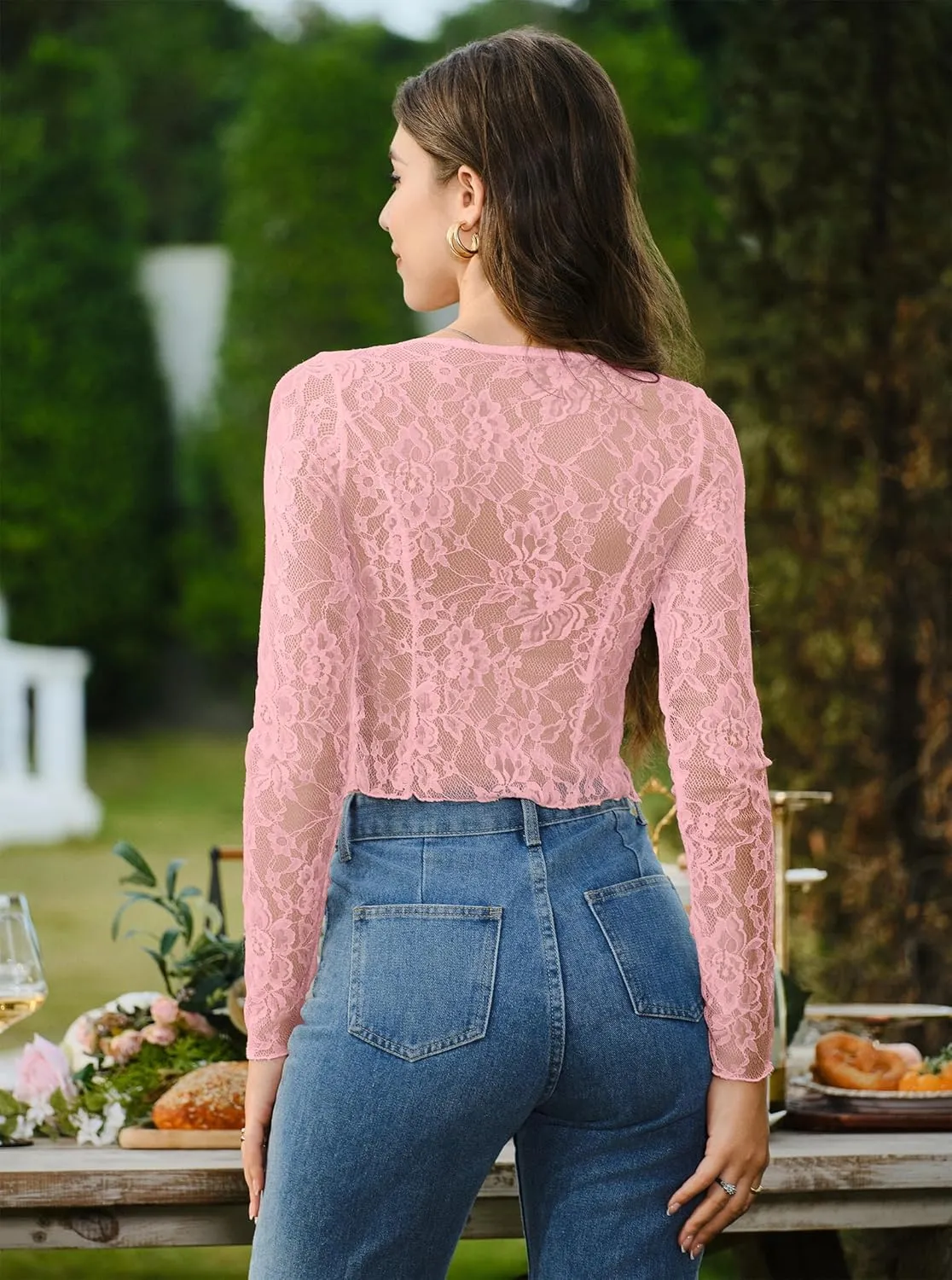 Women's Sexy Open Front Tie Long Sleeve Ruffle Trim Sheer Mesh Lace Crop Tops Blouses
