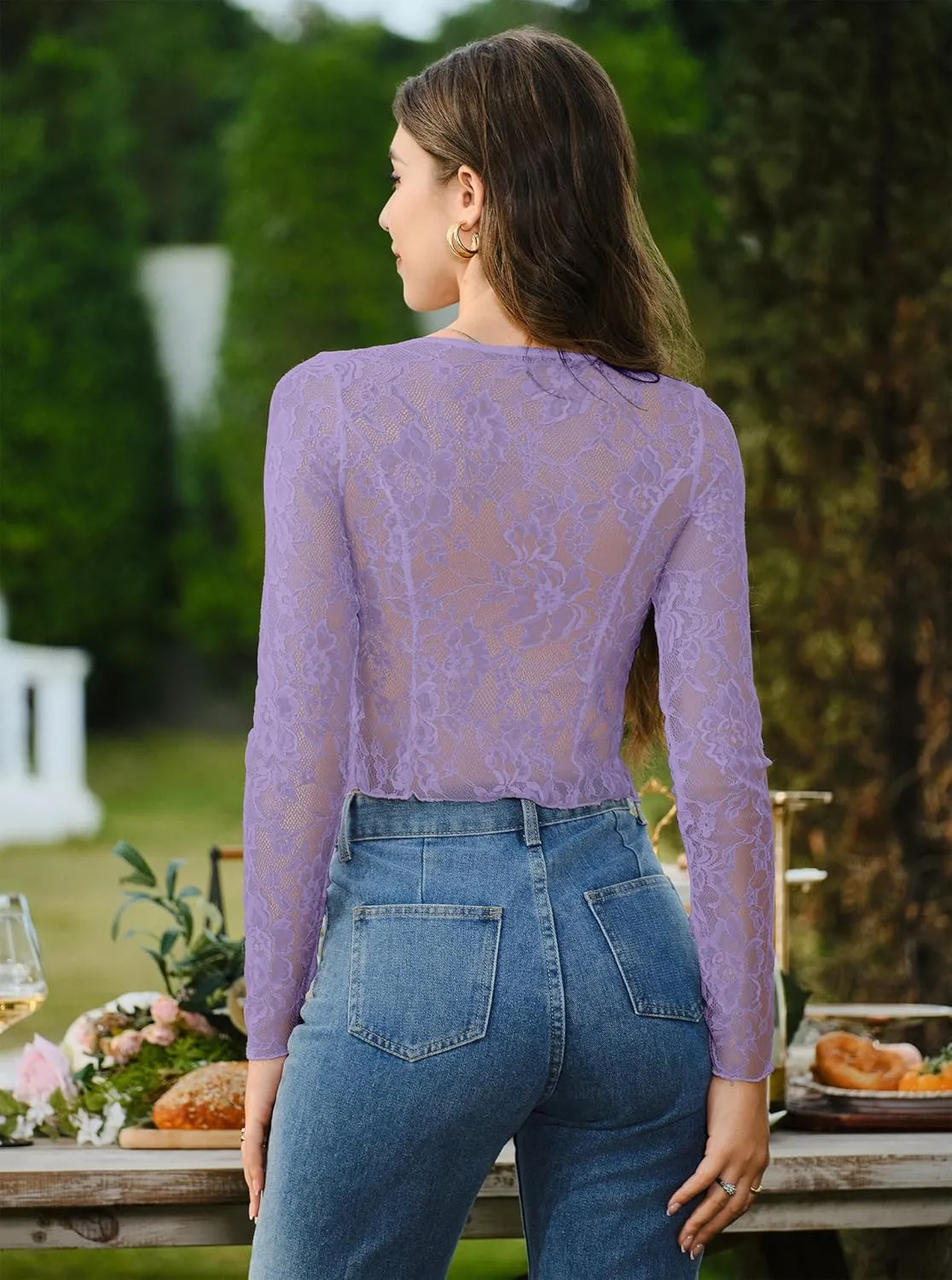 Women's Sexy Open Front Tie Long Sleeve Ruffle Trim Sheer Mesh Lace Crop Tops Blouses