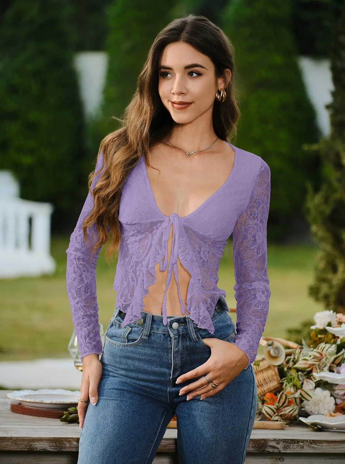 Women's Sexy Open Front Tie Long Sleeve Ruffle Trim Sheer Mesh Lace Crop Tops Blouses