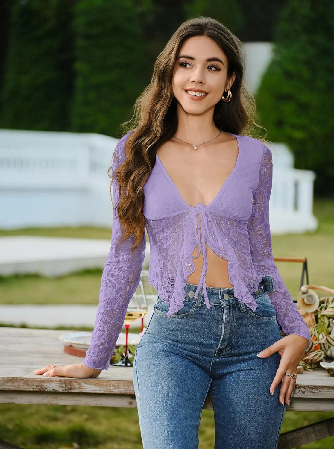 Women's Sexy Open Front Tie Long Sleeve Ruffle Trim Sheer Mesh Lace Crop Tops Blouses