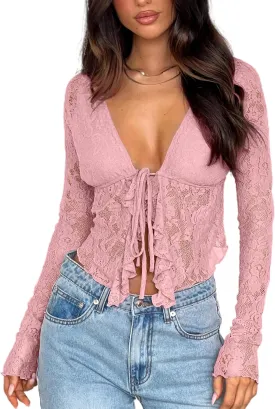 Women's Sexy Open Front Tie Long Sleeve Ruffle Trim Sheer Mesh Lace Crop Tops Blouses
