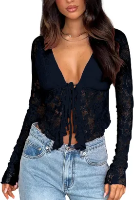 Women's Sexy Open Front Tie Long Sleeve Ruffle Trim Sheer Mesh Lace Crop Tops Blouses