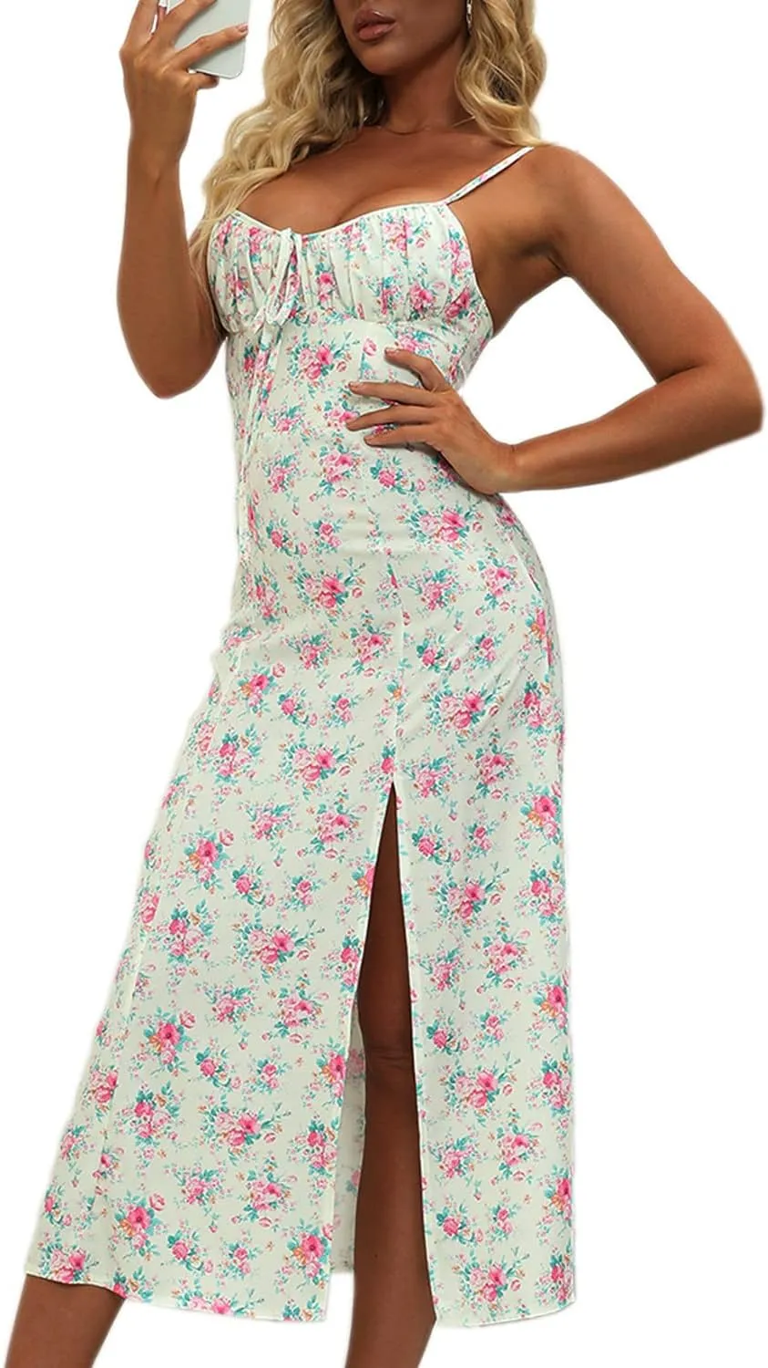 Womens Sexy Spaghetti Strap Lace Up V Neck Split Floral Midi Summer Dress Ruched High Slit Long Sun Dress