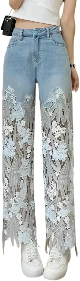 Women's Summer Lace Hollow Patchwork Ripped High Waisted Jeans Casual Vintage Baggy Straight Wide Leg Denim Pants