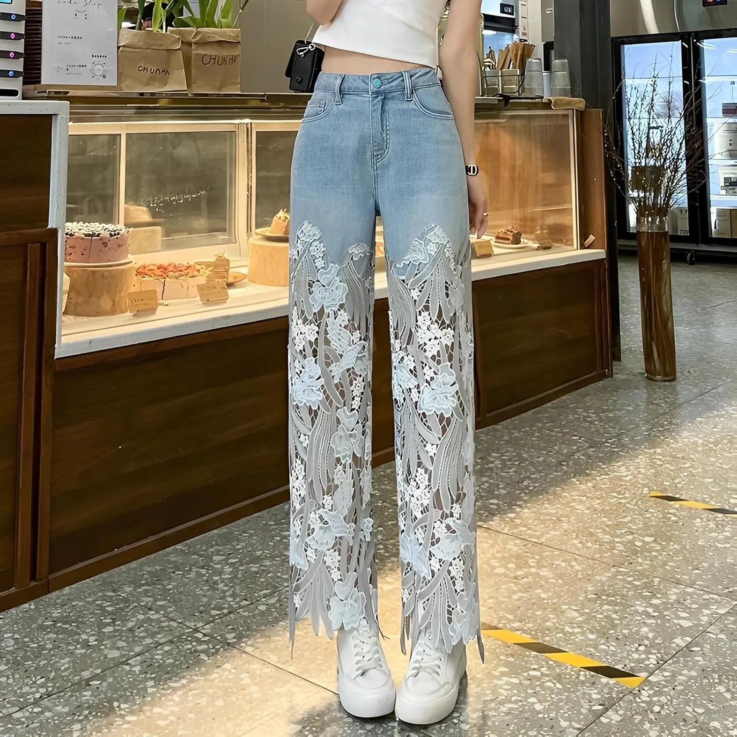 Women's Summer Lace Hollow Patchwork Ripped High Waisted Jeans Casual Vintage Baggy Straight Wide Leg Denim Pants