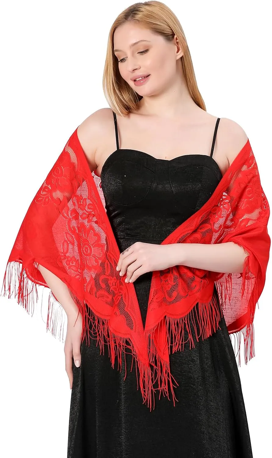 Women's Triangle Lace Shawls Wraps For Bride Wedding Floral Lightweight Fringe Scarf For Evening Party Dress