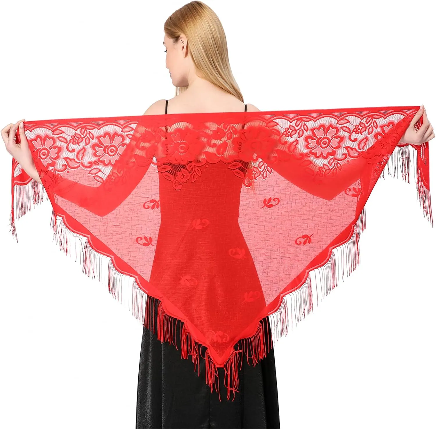 Women's Triangle Lace Shawls Wraps For Bride Wedding Floral Lightweight Fringe Scarf For Evening Party Dress