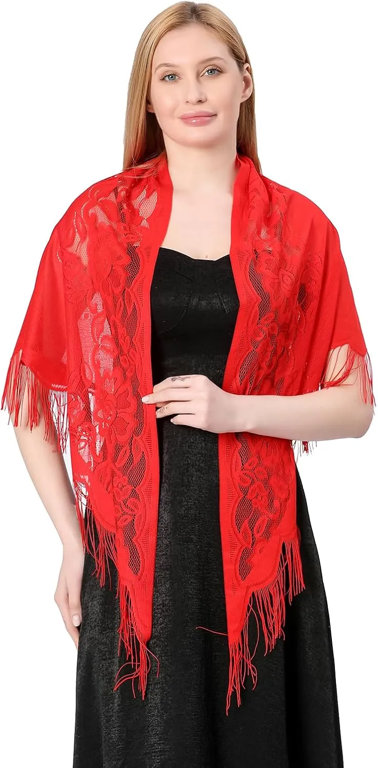 Women's Triangle Lace Shawls Wraps For Bride Wedding Floral Lightweight Fringe Scarf For Evening Party Dress